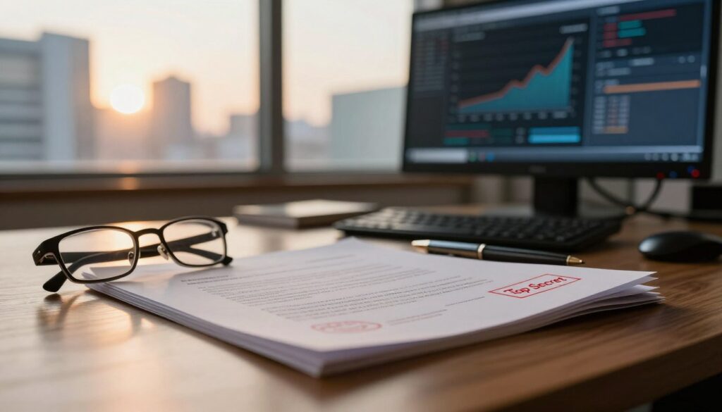 A close-up scene on a polished wooden desk featuring a confidential document partially open, with visible confidential stamps and a red "Top Secret" label. In the foreground, a pair of glasses rests on the document, and an elegant pen lies beside it. To the middle ground, a blurred computer screen displays abstract graphs and data, hinting at the tech startup environment. In the background, soft-focus silhouettes of skyscrapers are visible through large windows, bathed in warm, natural light of a sunset, creating a sense of professionalism and urgency. The atmosphere is tense yet focused, emphasizing the importance of confidentiality in a startup setting.