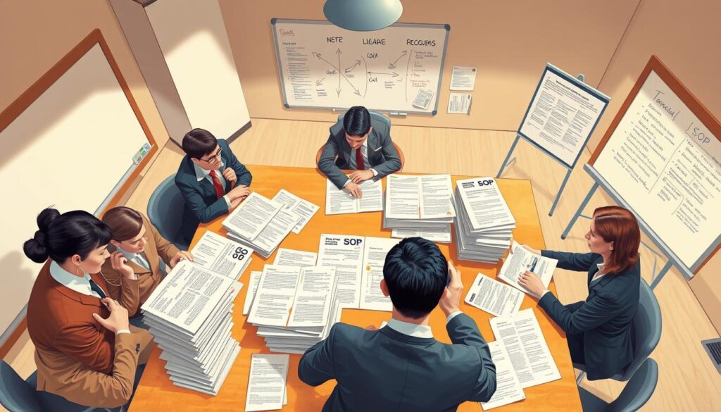 A detailed illustration of common pitfalls in writing standard operating procedures, set in an office environment. In the foreground, a diverse group of professionals in business attire are gathered around a conference table, visibly frustrated while reviewing a series of chaotic, disorganized documents. In the middle, stacks of misprinted SOP drafts are scattered about, with arrows pointing to specific errors like unclear language and missing steps. In the background, a whiteboard displays poorly drawn diagrams and disorganized notes. The lighting is warm and bright, creating an approachable atmosphere, while the camera angle captures an overhead view of the chaotic scene, emphasizing the challenges faced during the SOP writing process.