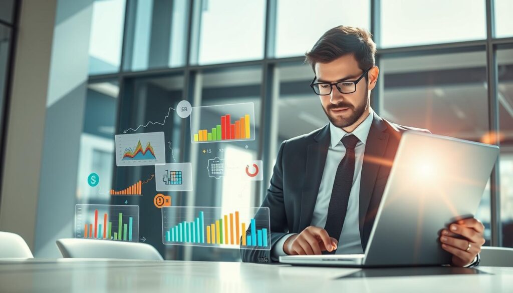 A dynamic and engaging representation of "cash flow" in a contemporary office setting. In the foreground, a professional businessperson in a tailored suit examines graphs and charts on a glowing laptop, with a thoughtful expression. In the middle ground, colorful cash flow diagrams and financial data visualizations float gently, portraying inflows and outflows of money in a visually appealing manner. The background features a sleek modern office with large windows, allowing bright natural light to illuminate the scene, creating a sense of clarity and optimism. Soft shadows enhance the depth, while a slight lens flare from the sunlight adds warmth to the atmosphere, embodying a mood of professionalism and financial growth.