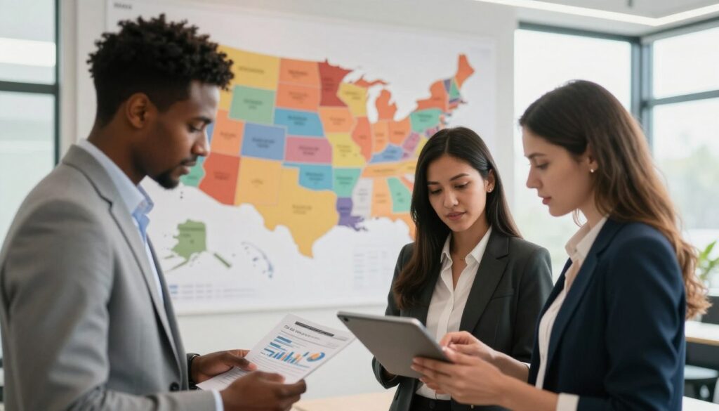 A focused scene illustrating the concept of minimum wage adjustments across various states. In the foreground, a diverse group of three business professionals, a Black man, a Hispanic woman, and a Caucasian woman, stand together in a modern office setting, all dressed in professional business attire, reviewing charts and reports on a digital tablet. In the middle ground, a large wall map of the United States, with various states highlighted in different colors, symbolizes the varying minimum wage laws. The background features large windows with bright natural light pouring in, providing a sense of optimism and clarity. The atmosphere is collaborative and focused, capturing the urgency and importance of adapting to wage adjustments. Use a soft-focus lens effect for a professional look, with a warm color palette to evoke a sense of hope and determination.