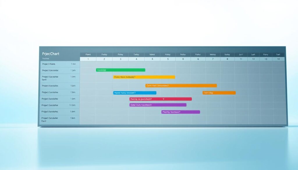 A modern Gantt chart timeline displayed prominently in the foreground, showcasing various colorful project phases and tasks represented as horizontal bars. The middle ground features clean, organized rows with labels such as "Planning," "Execution," and "Monitoring," each with distinct colors for clarity. The background includes a soft gradient of blue to white, evoking a professional and calming atmosphere. The chart is illuminated by bright, natural lighting, enhancing the vibrant colors and making them pop against the background. A slight angle from the top provides depth, creating a dynamic perspective. The overall mood conveys efficiency and structure, ideal for project management in a remote work environment. No text or additional elements are present, ensuring a clean visual focus on the Gantt chart itself.