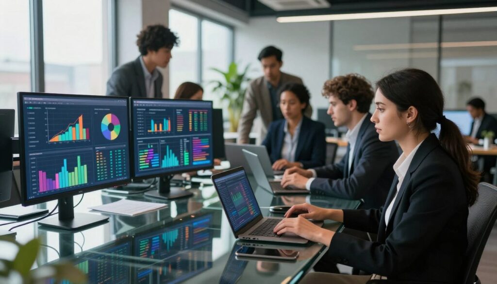 A modern office environment showcasing data processing, featuring a diverse group of employees, all in professional business attire. In the foreground, a focused female data analyst is intently analyzing visual data on multiple screens displaying colorful graphs and charts. The middle ground includes a collaborative team meeting around a sleek glass table with laptops and digital devices, emphasizing discussion about data sharing practices. In the background, large windows let in soft, natural light, illuminating contemporary decor and plants, enhancing the atmosphere of innovation and professionalism. The overall mood is one of collaboration, focus, and technological advancement, captured with a high-contrast lens effect to emphasize the vibrant colors of the digital displays and relaxed workspace ambiance.
