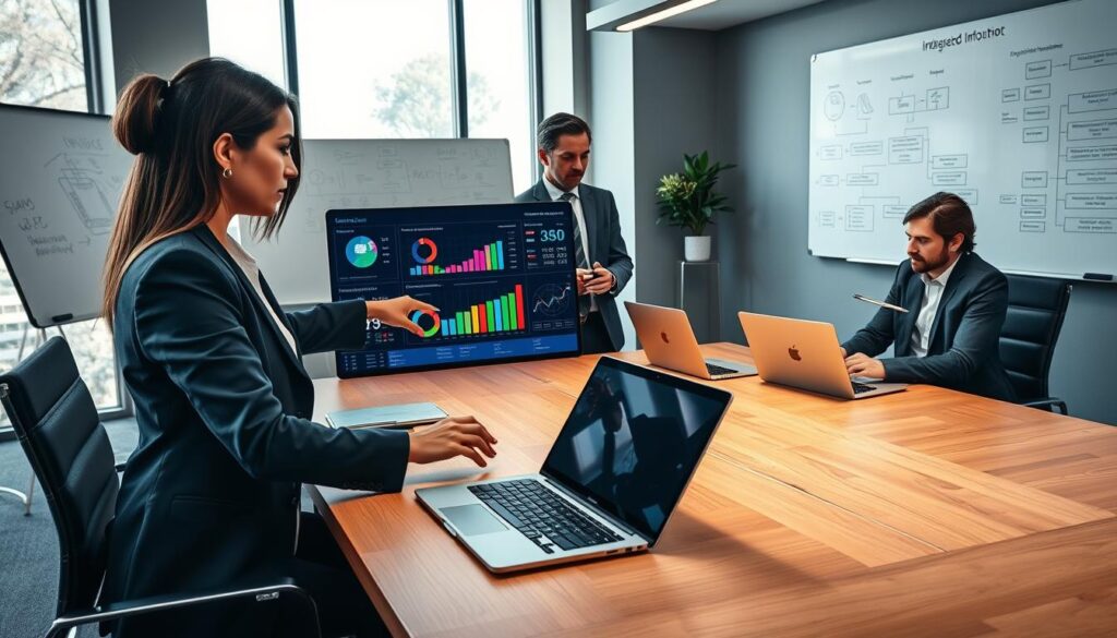 A modern office space featuring a diverse group of professionals in business attire, gathered around a large table, interacting with sleek laptops and tablet devices. In the foreground, a woman points at a digital dashboard displaying integrated accounting software, showcasing colorful graphs and data visualizations. In the middle ground, a man types notes while another colleague discusses automation strategies, emphasizing teamwork. The background has large windows with natural light streaming in, illuminating whiteboards filled with diagrams and flowcharts related to invoicing workflow automation. The atmosphere is collaborative and innovative, with a sense of focus and determination, all captured in a high-resolution image with a slightly blurred background to emphasize the subjects.