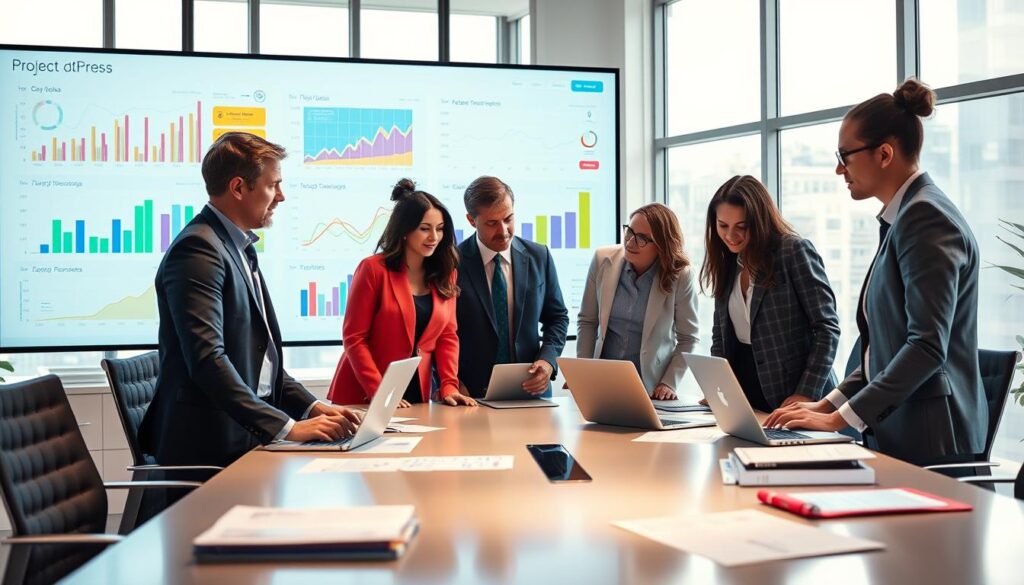 A modern office space showcasing a large digital progress board displaying colorful graphs and performance metrics related to project tracking. In the foreground, a diverse group of professionals in business attire collaboratively discussing the progress, with expressions of focus and determination. The middle ground features a sleek conference table with laptops and project documents spread out, emphasizing teamwork. The background should portray large windows allowing soft natural light to flood the room, creating an inspiring atmosphere. The composition captures a sense of organized chaos, reflecting the dynamics of a remote team thriving in a digital environment, conveying productivity and motivation, with a clean and modern aesthetic.