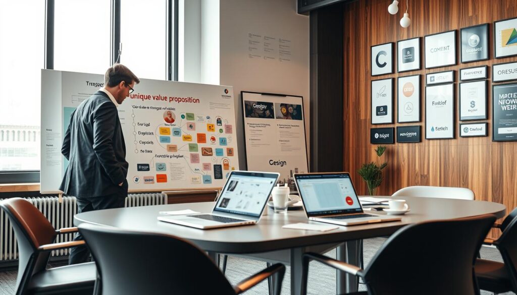 A modern workspace showcasing brand identity elements. In the foreground, a collaborative team of three professionals in business attire, deep in discussion, analyze a large whiteboard filled with colorful mind maps, logos, and growth charts that represent a unique value proposition. The middle ground features a sleek conference table with branding materials and a laptop displaying a design software interface. In the background, a bright window lets in natural light, illuminating a wall adorned with framed brand logos and concepts. The atmosphere is dynamic yet focused, reflecting creativity and strategic thinking in a sophisticated office environment, captured with a wide-angle lens to enhance depth, showcasing warm tones and soft shadows.