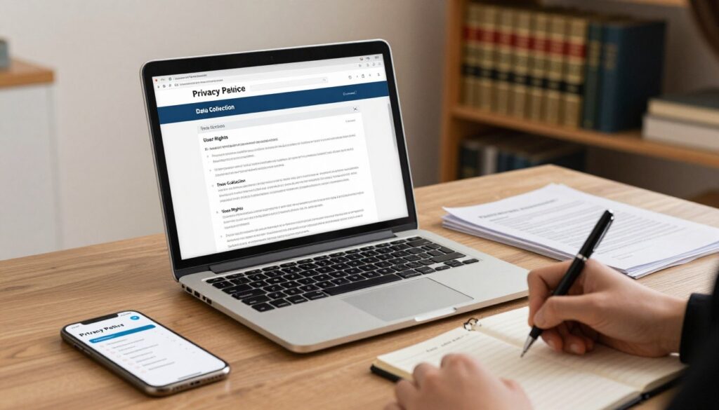 A neatly organized office desk scene, featuring a prominent, open laptop displaying a sleek privacy policy template on the screen. In the foreground, a hand reaches out to jot down notes on a notepad beside the laptop, adorned with a stylish pen. A smartphone lies next to the laptop, with a visible notification screen showing a privacy policy checklist. The middle ground reveals a stack of documents, highlighting key sections like "Data Collection" and "User Rights". In the background, a soft-focus bookshelf lined with legal books and guides adds depth and context. The lighting is warm and inviting, creating a professional yet approachable atmosphere. The scene conveys a mood of diligence and clarity, perfect for someone navigating the intricacies of drafting a privacy policy for their website.