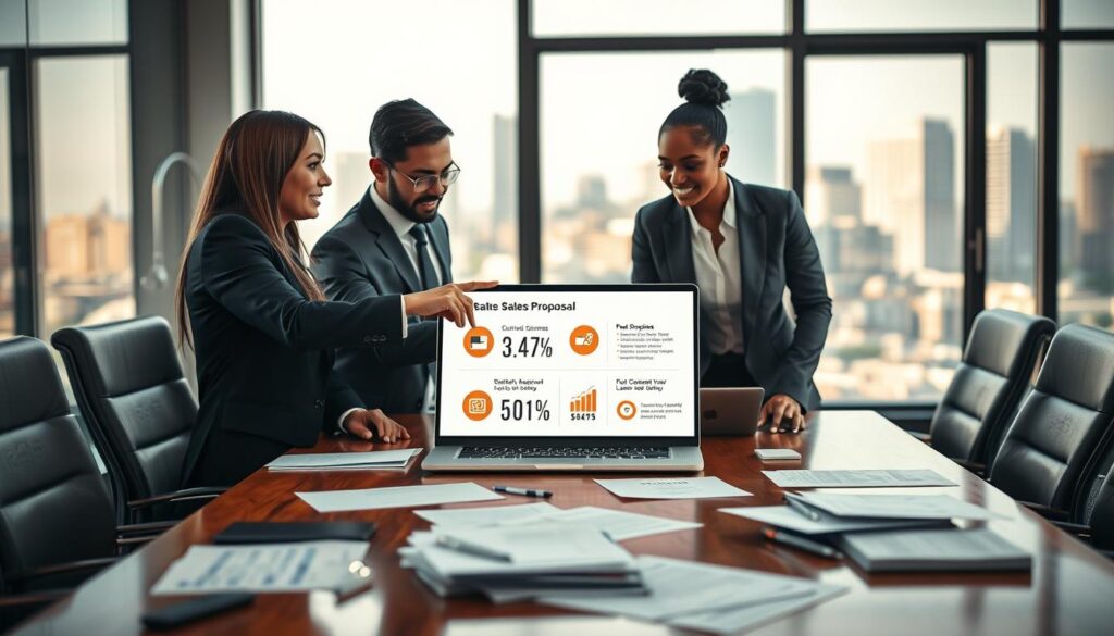 A professional business meeting scene set in a modern office environment, featuring a diverse group of three business professionals in business attire, actively discussing a sales proposal. In the foreground, a polished wooden conference table is cluttered with documents and a laptop displaying positive statistics. In the middle, the three professionals—one male and two females of different ethnicities—are engaged, with one pointing at the laptop screen, highlighting social proof elements like client logos and testimonials. The background shows large windows with natural light streaming in, creating a warm and inviting atmosphere. Soft focus on a city skyline can be seen through the windows, emphasizing a professional setting. The mood is collaborative and trust-building, suitable for effective sales strategies.