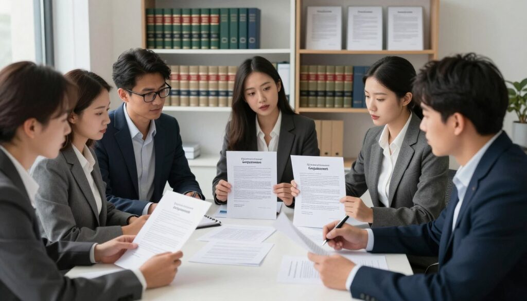 A professional office environment serves as the backdrop, with a bright, well-lit atmosphere emphasizing productivity. In the foreground, a diverse group of business professionals—male and female—are engaged in a discussion around a large conference table, reviewing various printed employment contract templates. Their expressions reflect concentration and collaboration, all dressed in smart business attire. In the middle ground, shelves filled with legal books and standard agreement documents highlight the importance of standardized templates. Soft, natural lighting casts gentle shadows, creating an inviting yet serious mood that conveys the evolving nature of employment practices. The angle captures both the group dynamics and the detailed focus on the documents being reviewed, underlining the article's theme of the necessity for updates in employment practices.