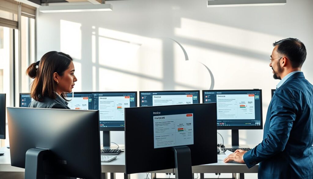 A professional office scene depicting a multi-monitor workspace focused on managing exceptions in invoice processing. In the foreground, a diverse group of professionals wearing business attire, including a woman of Asian descent and a man of African descent, are engaged in discussion while reviewing digital invoices on sleek screens. In the middle ground, graphical representations of invoices and exception alerts are displayed on monitors, showing color-coded statuses. The background features an abstract cloud graphic symbolizing cloud-based technology. Soft natural light filters through large windows, casting subtle shadows that create a collaborative atmosphere. The overall mood is focused and dynamic, illustrating the importance of human oversight in an automated invoicing workflow.