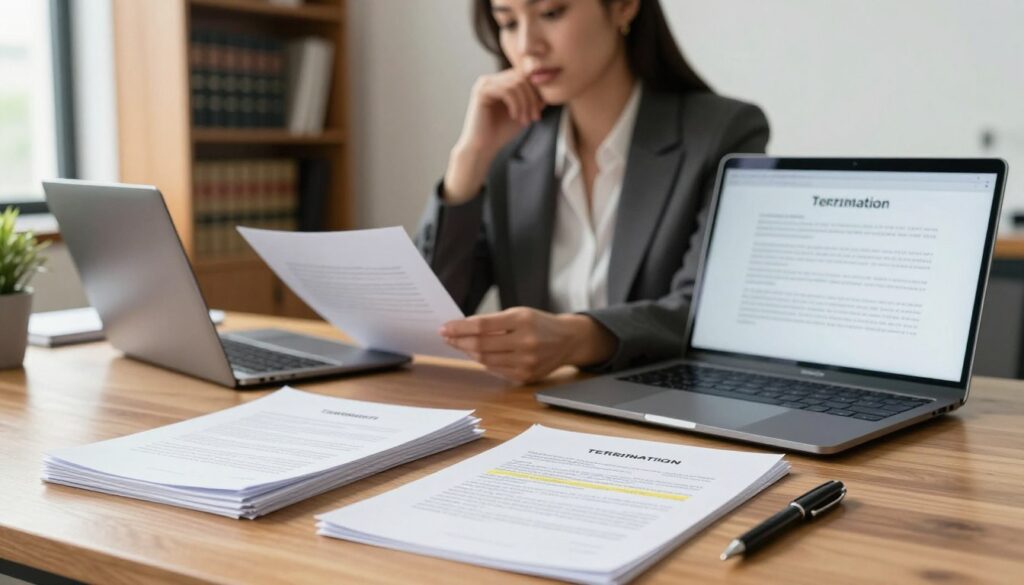 A professional office setting featuring a sleek wooden desk with a laptop open displaying legal documents, emphasizing a termination clause. The foreground displays a neatly stacked set of contracts with highlighted sections, alongside a black pen poised for signing. In the middle ground, a well-dressed businesswoman in a smart blazer is intently reviewing a document with a thoughtful expression, while a soft light from a nearby window illuminates her focused demeanor. The background includes a bookshelf filled with law books and a potted plant adding a touch of warmth. The overall mood is serious yet calm, conveying professionalism and diligence in legal matters. Soft, natural lighting enhances the clarity and focus of the image.