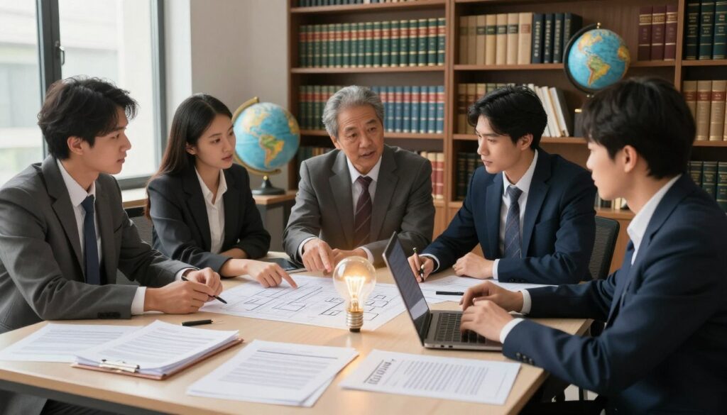 A professional workspace showcasing the concept of intellectual property rights. In the foreground, a well-organized desk with legal documents, a laptop displaying digital contracts, and a light bulb symbolizing innovative ideas. In the middle, a diverse group of professionals in business attire—two men and a woman—engaged in discussion, pointing at a blueprint representing IP protections. The background features a large bookshelf filled with legal texts and a globe, symbolizing global IP laws. Soft, natural lighting from a window creates a warm, inviting atmosphere, emphasizing collaboration and creativity. The image captures a sense of professionalism and empowerment in protecting intellectual property.