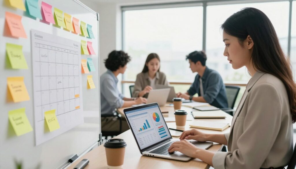 A professional workspace with a large whiteboard and colorful sticky notes representing various social media platforms. In the foreground, a focused businesswoman in smart casual attire examines a content calendar on her laptop, with various charts and graphs illustrating marketing goals visible on the screen. In the middle, colleagues engage in a collaborative brainstorming session around a table filled with coffee cups, notebooks, and digital devices, showcasing teamwork in aligning content strategy. The background features large windows with natural light streaming in, creating a bright atmosphere. The overall mood is one of productivity and strategic planning, with a soft-focus depth of field to emphasize the professionals at work.