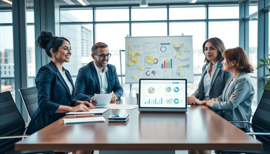 A spacious, modern office setting filled with natural light pouring through floor-to-ceiling windows. In the foreground, a diverse group of three professionals—a smiling woman in a tailored navy suit, a thoughtful man in a crisp white shirt and grey blazer, and a focused woman in a smart blouse—are gathered around a sleek conference table covered with documents and a laptop. They are actively discussing graphs and charts displayed on the screen. In the middle background, a whiteboard filled with strategic business ideas and post-it notes is partially visible, emphasizing collaboration. The overall atmosphere conveys professionalism and trust, with warm lighting creating an inviting ambiance. The image captures the essence of teamwork and dedication in creating a trustworthy business plan template.