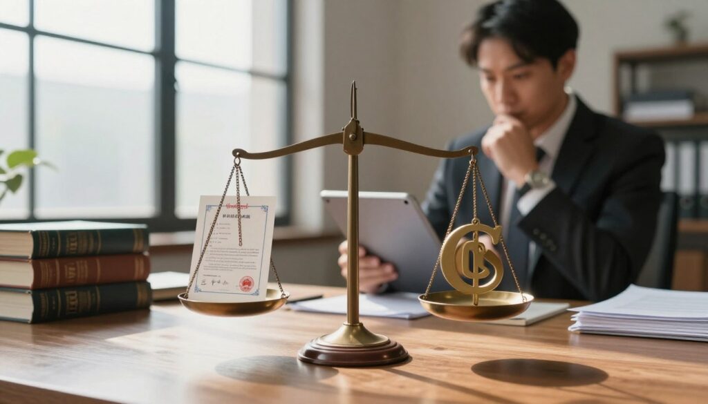 A symbolic representation of intellectual property rights, featuring a balanced scale in the foreground, with the left side showcasing a patent document and the right side displaying a copyright symbol. Behind the scale, an office setting with large windows filtered by gentle sunlight, casting soft shadows on a polished wooden desk. A confident business professional in a suit examines a digital tablet, contemplating ideas, while stacks of legal books and documents are organized neatly in the background, creating a sense of order and security. The atmosphere is serious yet hopeful, conveying the importance of protecting creative innovations. The scene is captured with a shallow depth of field to focus on the scale and the professional, enhancing the mood of determination and responsibility.