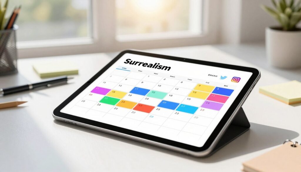 A vibrant, organized content calendar template designed for social media posting, displayed on a clean desk. In the foreground, a sleek digital tablet shows an interactive calendar filled with colorful blocks representing different social platforms (like Instagram, Twitter, and Facebook). The middle ground features stationery items like pens and sticky notes scattered around the tablet, emphasizing a productive workspace atmosphere. In the background, a soft-focused window reveals a bright, sunny day outside, with a subtle glow illuminating the scene, creating an optimistic mood. The lens captures the image from a slight overhead angle for a dynamic view, with natural light casting gentle shadows on the desk surface, inviting creativity and efficiency in planning content.