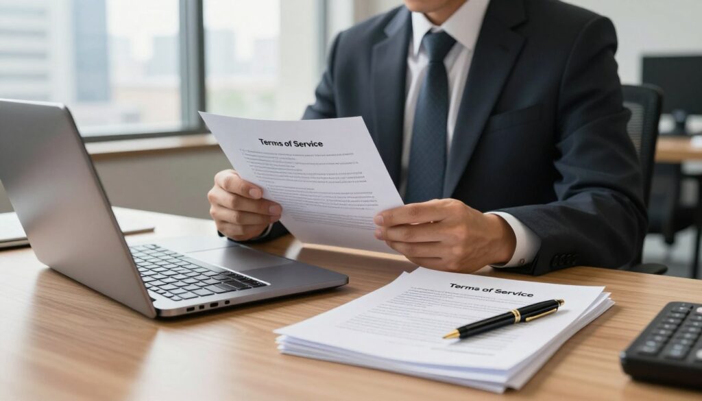 A well-organized office desk as the foreground, featuring a neatly arranged laptop, a stack of printed legal documents labeled "Terms of Service," and a stylish pen. In the middle ground, a confident business person dressed in professional attire is reviewing the documents, demonstrating engagement and focus. The background portrays a modern workspace with a large window showcasing a bright cityscape outside, casting natural light into the room. Soft, warm lighting enhances the environment, creating a professional yet inviting atmosphere. A focus on the clarity and readability of the documents emphasizes the importance of displaying terms effectively. The overall mood is one of diligence and professionalism, inspiring trust and seriousness.
