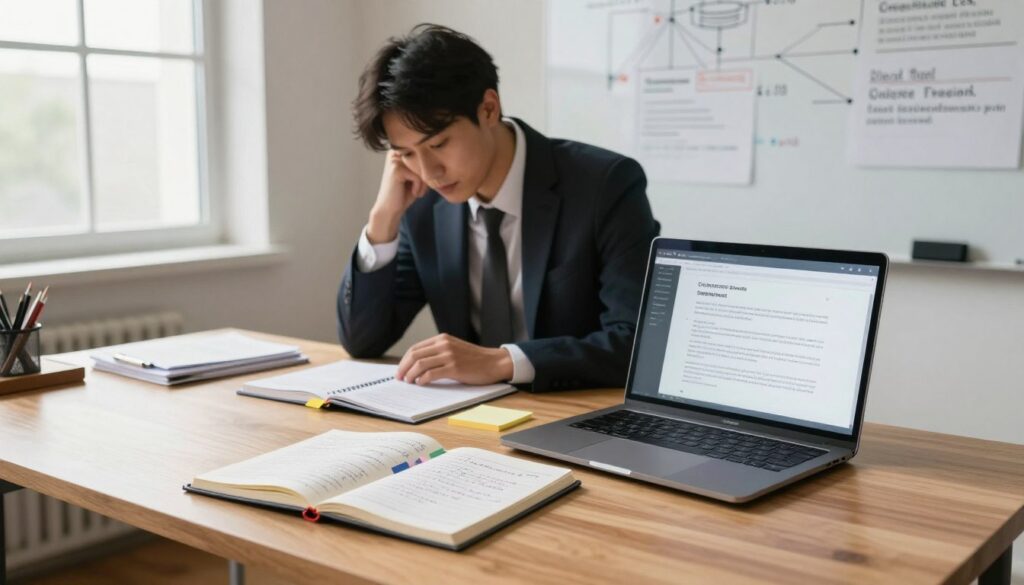 A well-organized workspace is depicted in the foreground, featuring a sleek wooden desk with an open laptop displaying a digital legal document. Beside it, scattered notebooks filled with handwritten notes and colorful sticky tabs, illustrating customization processes. In the middle, a professional in business attire leans over the desk, focused and engaged in legal agreements, with a thoughtful expression. Soft, natural light streams through a window, casting gentle shadows on the scene, enhancing a productive atmosphere. In the background, a whiteboard filled with diagrams and legal terms, implying a brainstorming session. The overall mood is one of diligence and professionalism, capturing the essence of customizing legal documents for unique business needs.