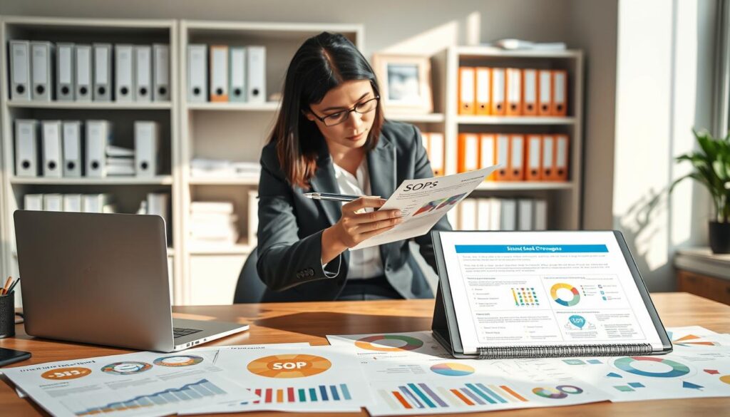 A well-organized workspace showcasing visual aids for Standard Operating Procedures (SOPs). In the foreground, a desktop features a variety of colorful charts and infographics related to processes, neatly arranged alongside a laptop displaying a digital SOP document. In the middle, a person in professional business attire studies the materials, highlighting an infographic with a pen, focused and engaged. The background shows a modern office environment with shelves filled with neatly organized binders and framed documents, creating a sense of order and productivity. Soft, natural light streams in from a window, casting gentle shadows and enhancing the professional atmosphere. The image conveys a sense of clarity, efficiency, and the importance of visual aids in business documentation.